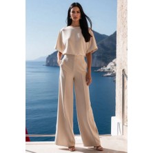 Ag Shoppings Kadın Kısa Kollu Bisiklet Yaka Bluz Yüksek Bel Cep Detaylı Pantolon Atlas Ikili Takım