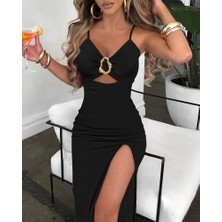 Arben Boutique Kadın Ip Askılı Toka Detaylı Yırtmaçlı Janjan Krep Elbise