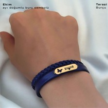 14 Ayar Altın Plakalı Ekim Ayı Doğumlarına Kelebek Motifli Lacivert Derili Hediye BILEKLIK-616AY