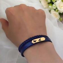 Archin Bozkurt Temalı Kelebek Motifli 14 Ayar Altın Plakalı Lacivert Derili Hediye