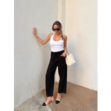 Kadın Bel Lastikli Ege Siyah Oversize Keten Pantolon