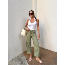 Kadın Bel Lastikli Ege Haki Oversize Keten Pantolon