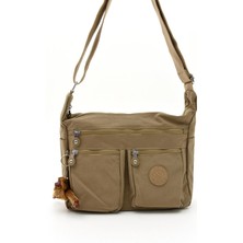 Kadın Büyük Boy Bölmeli Suya Dayanıklı Krinkıl Kumaş Omuz Çantası Vizon