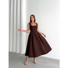 Kadın Askılı Kahverengi Balon Elbise