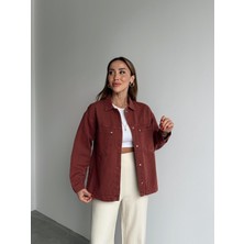 Kadın Gabardin Kumaş Cep Detaylı Kiremit Gömlek