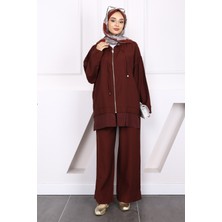 Bordo Fermuarlı Tunik Pantolonlu Takım