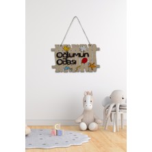 Oğlumun Odası Yazılı Lazer Kesim Çit Figürlü Mdf Kapı Süsü - Akçaağaç