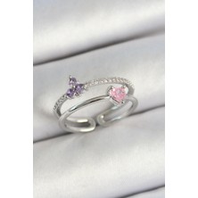 Pirinç Kalp ve Çiçek Figürlü Zirkon Taşlı Gümüş Renk Ayarlanabilir Kadın Yüzük