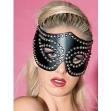 Siyah Deri Görünümlü Metal Detaylı Kadın Parti Maskesi
