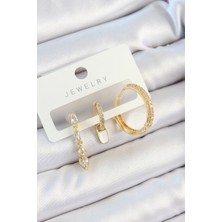 Çarşı Point Pirinç Zirkon Taşlı Sallantılı Model Gold Renk 3'lü Çift Kadın Küpe Set