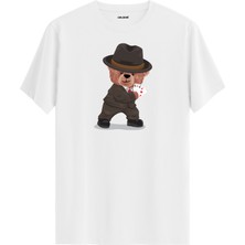 Poker Kartlı Ayı Baskılı Regular Uniseks Tişört %100 Pamuk Kumaş