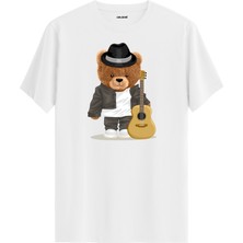 Gitarist Ayı Baskılı Regular Uniseks Tişört %100 Pamuk Kumaş