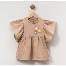  Kız Çocuk 1-4 Yaş Çiçek Detaylı Müslin Elbise - Bej