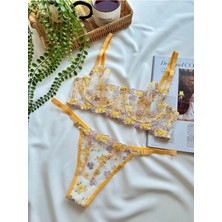 Kadın Sarı Dantelli Tanga Külotlu Takım