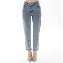 Kadın Momfit Likralı Mavi Jean Pantolon