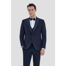 Sabri Özel Erkek Siyah Dar Kesim Slim Fit Viskon Şal Yaka Fleto Kapaklı Cep Çift Yırtmaçlı 6 Drop Smokin Takım Elbise