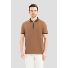 Sabri Özel Açık Kahve %100 Pamuk Regular Fit Gizli Fermuarlı Polo Yaka T-shirt