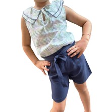 Çikoby Kız Çocuk İkili Takım | Kareli Kolsuz Gömlek ve İndigo Şort - Yazlık Rahat Kombin