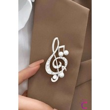 Sol Anahtarı Zirkon Taşlı Incili Broş Gümüş Renk- Hediyelik Müzik Öğretmen Elbise Ceket Yaka Iğnesi