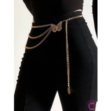 Kelebekli Gold Bel Zinciri - Ayarlanabilir Vücut Elbise Zinciri Kemeri Göbek Takısı Kolyesi Aksesuar