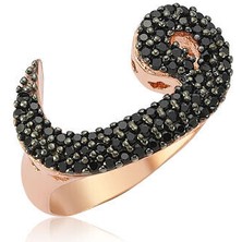 Rose Elif Vav Siyah Taşlı 925 Ayar Gümüş Kadın Yüzük