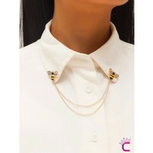 Zarif Arı Tasarım Gömlek Yaka Zinciri Broş - Hediyelik Zirkon Taşlı Gold Zincirli Ceket Yaka Iğnesi