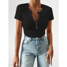 Ag Shoppings Kadın Beyaz Yaka Dantel ve Fermuarlı Kaşkorse Bluz