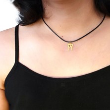 Altın Plakalı 14 Ayar T Harfine Özel Siyah Bağlıklı Diş ve Kalp Figürlü Hediyelik KOLYE-629HARF