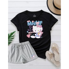2'li Set Düz Renk Kadın Regular Şort ve Tshirt Tişört Kitty