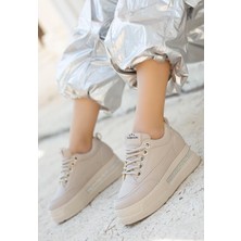 Ortopedik Topuk Dikenine Karşı Özel Üretim Gizli Topuklu Bağcıklı Spor Ayakkabı Cilt Bej Topuk Boyu 8 cm