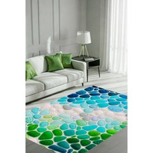The Reef Design Yeşil Mavi Taşlı Doğa Desenli Halı Dijital Baskılı Dokuma Kaymaz Tabanlı Yıkanabilir Antialerjik Evcil Hayvan Dostu Salon Halısı