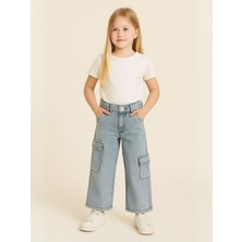 Kız Çocuk Yüksek Bel Bol Paça Kargo Cep Detaylı Kot Pantolon