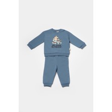 Erkek Bebek Pamuklu Mavi Puzzle Desenli Eşofman Takımı - Uzun Kollu Sweatshirt ve Cep Detaylı Pantolon