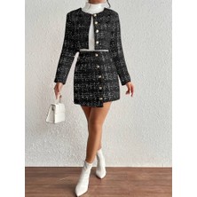 Runiquehome Kadın Uzun Kollu Önü Düğmeli Şanel Ceket ve Etek Takım