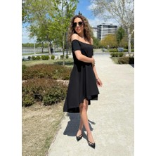 Runiquehome Kadın Kısa Kollu Madonna Yaka Önü Kısa Arkası Uzun Ithal Krep Elbise