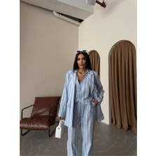 Runiquehome Çizgili Ceket Keten - Mavi