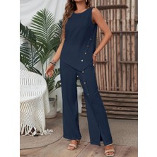 Runiquehome Kadın Kolsuz Düğmeli Asimetrik Detaylı Bürümcük Bluz ve Pantolon Takım