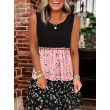 Runiquehome Kadın Askılı Yuvarlak Yaka Çiçek Baskılı Salaş Süprem Elbise