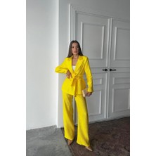 Runiquehome Neon Beli Kuşaklı Ceket ve Pantolon Parlak Takım