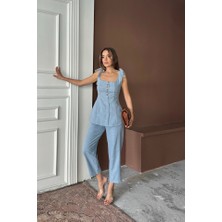 Runiquehome Şantuk Keten Yelek Görünümlüaskılı Bluz - Pantolon Tk - Mavi