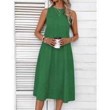 Runiquehome Kadın Kolsuz Bisiklet Yaka Cepli Midi Keten Elbise