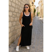 Runiquehome Kadın Yırtmaç Detaylı Viskon Kumaş Maxi Boy Cepli Iç Dahil Ikili Elbise