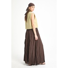 Kadın Kahverengi Vual Kumaş Kırışık Uzun Astarlı Etek 29062