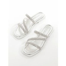 MİA026-1610 Kadın Günlük Taşlı Bantlı Gümüş Tatil Terliği