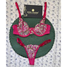 Josie Pembe-Yeşil Çiçek Nakışlı Transparan Sütyen Tanga Takımı – Intive