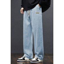 Erkek Açık Mavi Baggy Beli Lastikli Likralı Düz Paça Bol Kesim Rahat Denim Jean Pantolon RF0480