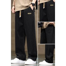 Erkek Siyah Baggy Beli Lastikli Likralı Düz Paça Bol Kesim Rahat Denim Jean Pantolon RF0480