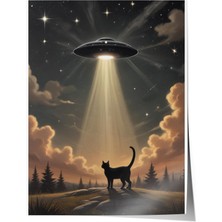 Çerçevesiz Poster, Kedi ve Ufo, Işık Hüzmesiyle Kaçırılma Teması Poster No: 107534