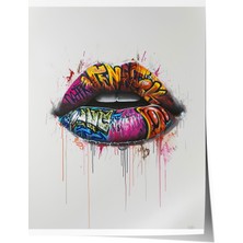 Çerçevesiz Poster, Graffiti Dudaklar, Renkli Yazı Efekti, Urban Art Poster No: 106599