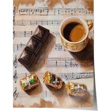 Çerçevesiz Poster, Kahve Fincanı, Notalar ve Çikolata, Vintage Stil Poster No: 106426